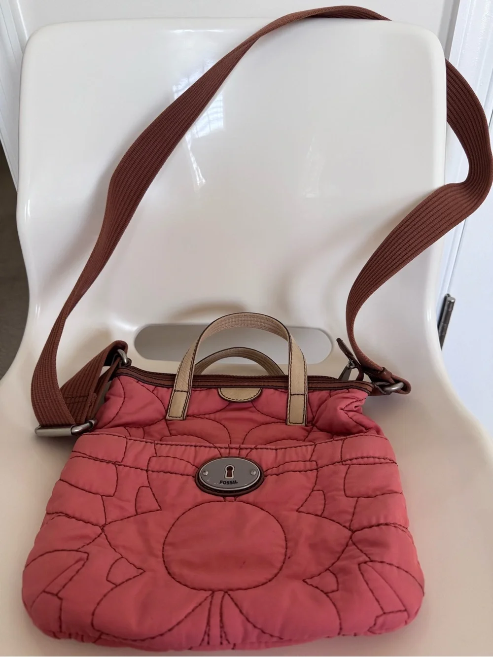 Fossil Key-Per Coral Pink Quilted Crossbody Satchel Tote Y2K Boho Floral Bag